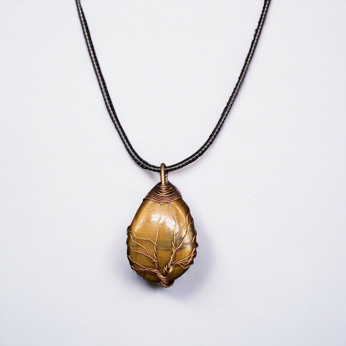 Yellow golden tiger eyes Gemstone Pendant Wrapped w/ bronze Tree of Life