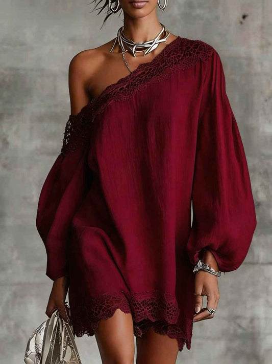 Solid-color Lace-trimmed Casual Off-shoulder Long-sleeve Top