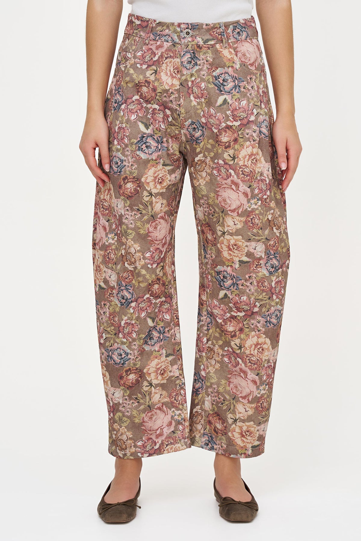 Women's Printed Woven Barrel-Leg Zip-Up Pants with Side & Back Pockets