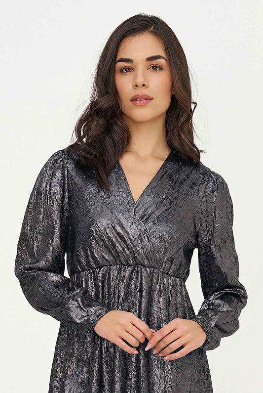Women's Woven Fixed Crossover V-Neck Dress with Long Sleeves