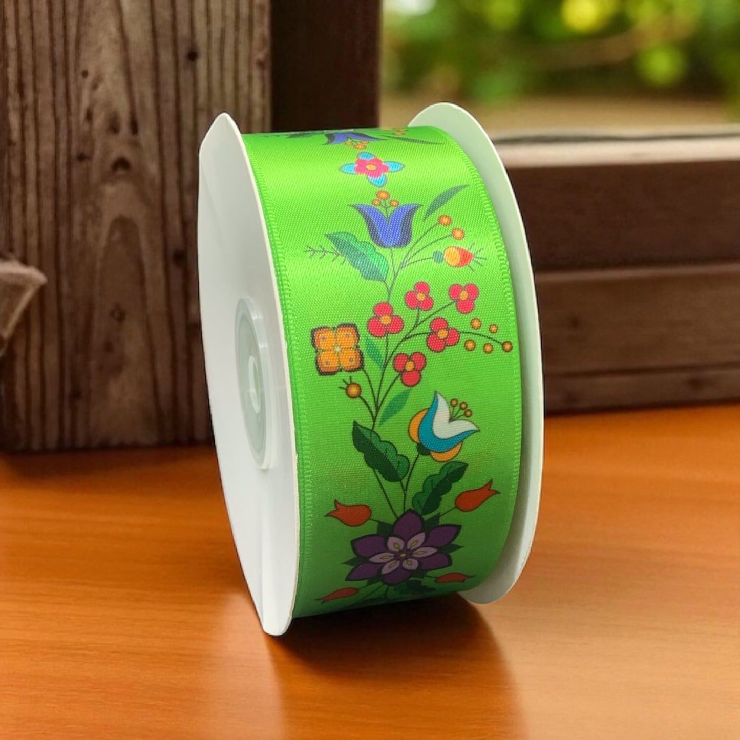 Neon Green Double Face Floral Ribbon Roll