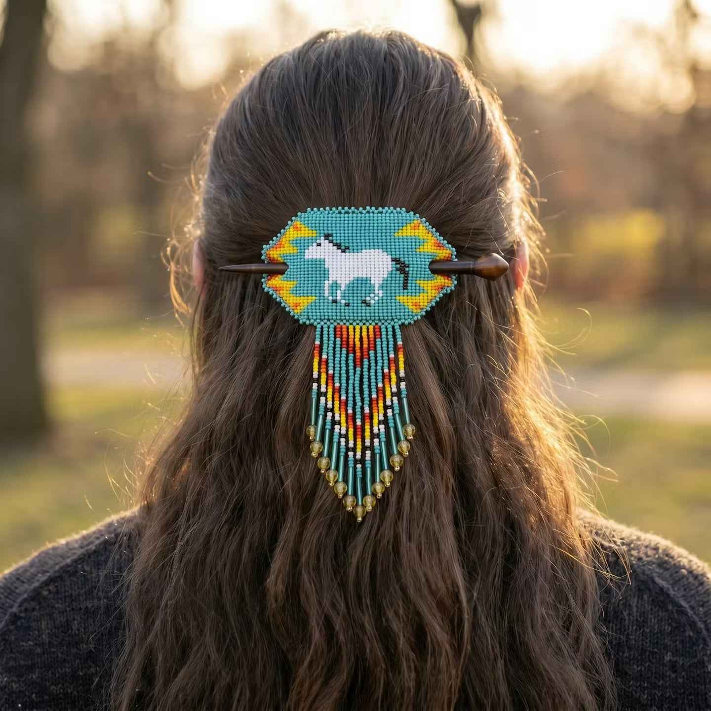Fringed Beaded Barrette & Wooden Stick Horses