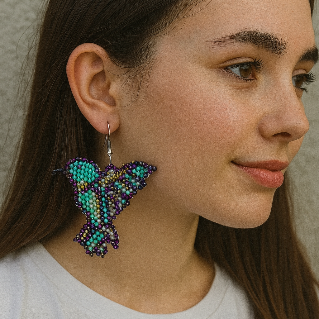 Purple Turquoise Beaded bird Earrings