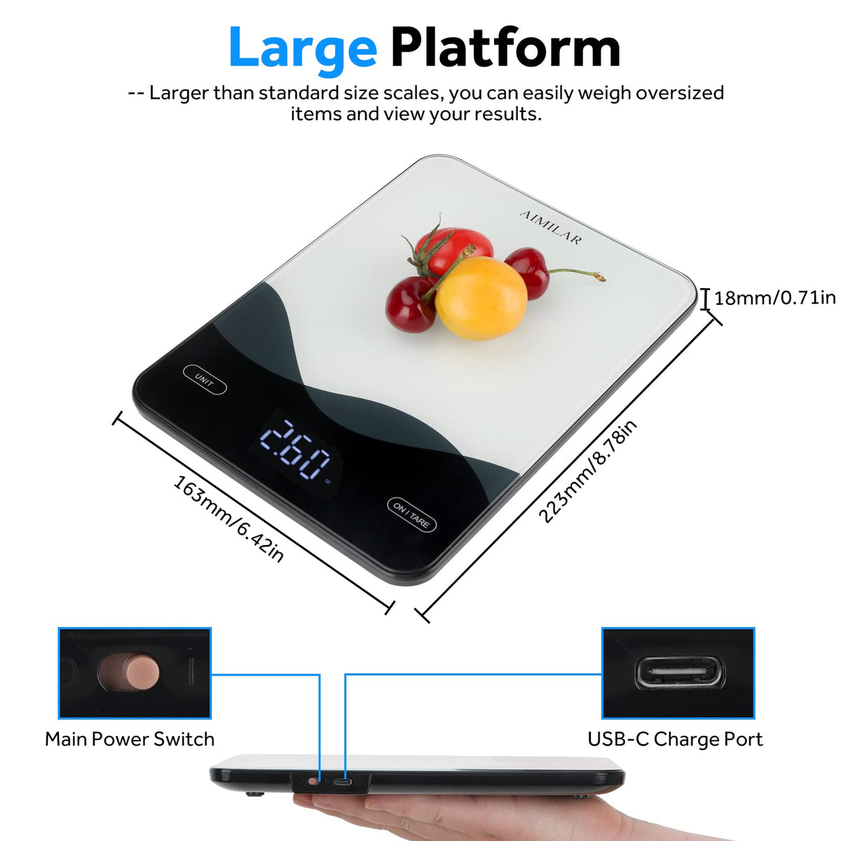 AIMILAR Digital Kitchen Scale 22lb/10kg USB-C Rechargeable, Tempered Glass Top Easy Clean, LED Touch Screen No Buttons, Auto Shut Off đ All In One Marketplace Canada