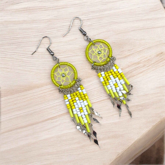 Yellow and white Beaded Dreamcatcher earrings