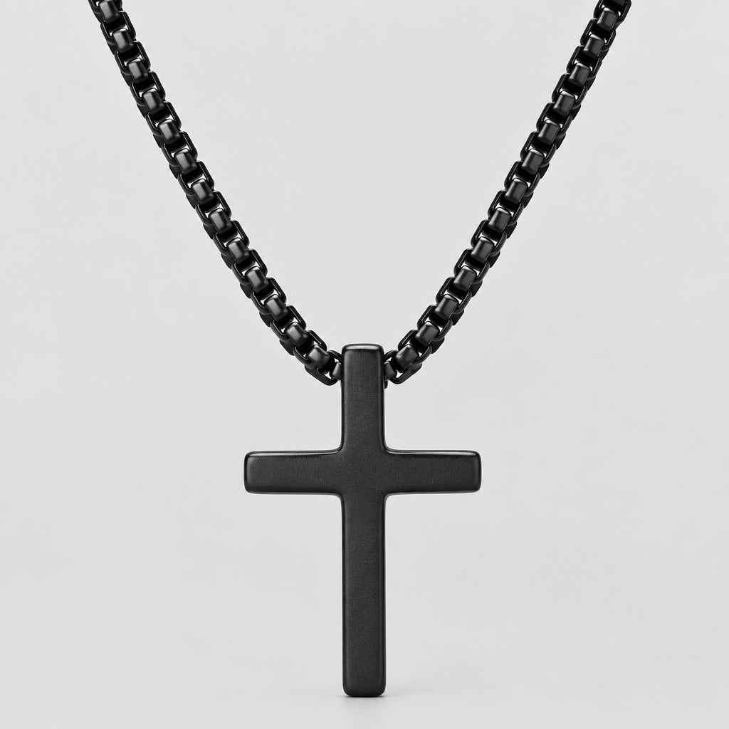 Men's Black Steel Cross Pendant Necklace Box Chain Biker Jewelry