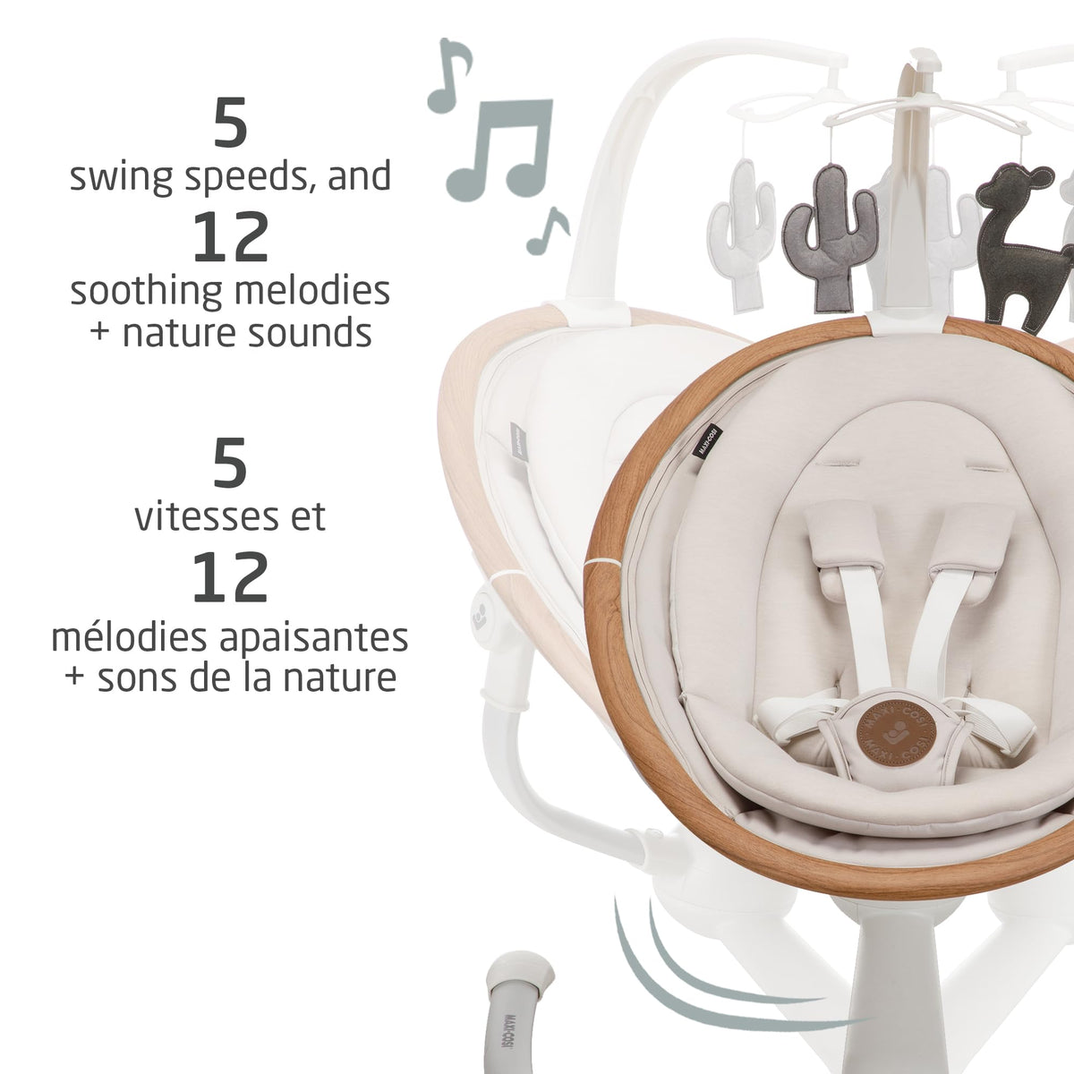 Maxi-Cosi Cassia Baby Swing, infant swing, automatic motion sensor, music, toys, recline, portable, 360 degree rotation, lightweight & foldable, Horizon Sand ๐ All In One Marketplace Canada