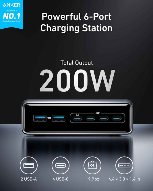 Anker Prime Charger, 200W 6-Port GaN Charging Station, USB-C PD Fast Charging Desktop Charger, Compatible with iPhone 17/Series, Samsung, MacBook, Dell and More 🍁 All In One Marketplace Canada