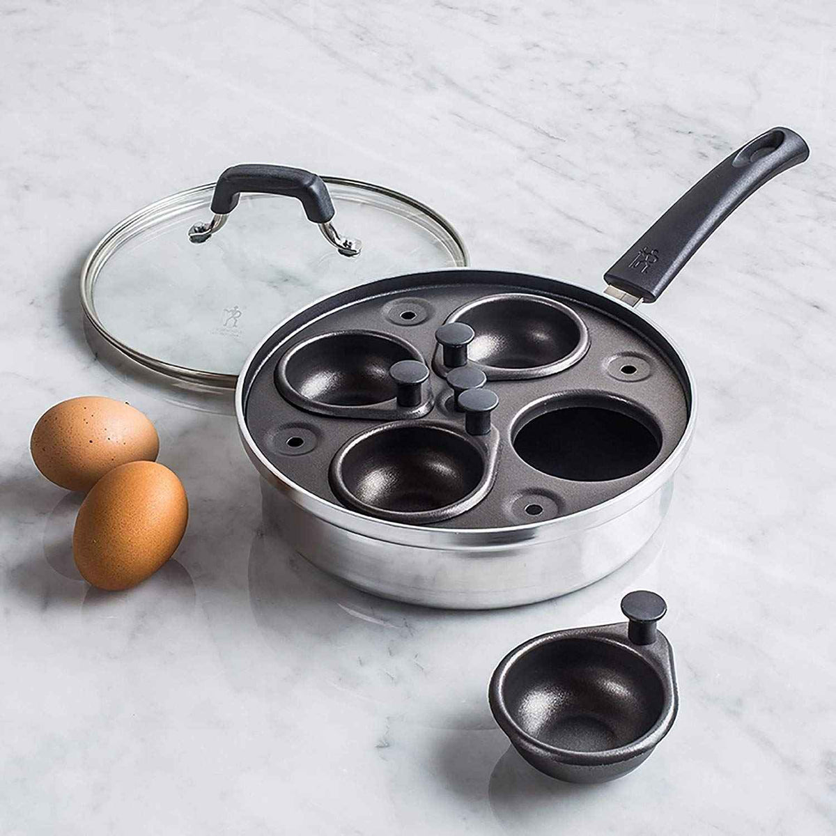 HENCKELS Non-Stick 4 Cup Egg Poacher with Glass Lid, Silver, Black, 🍁 All In One Marketplace Canada