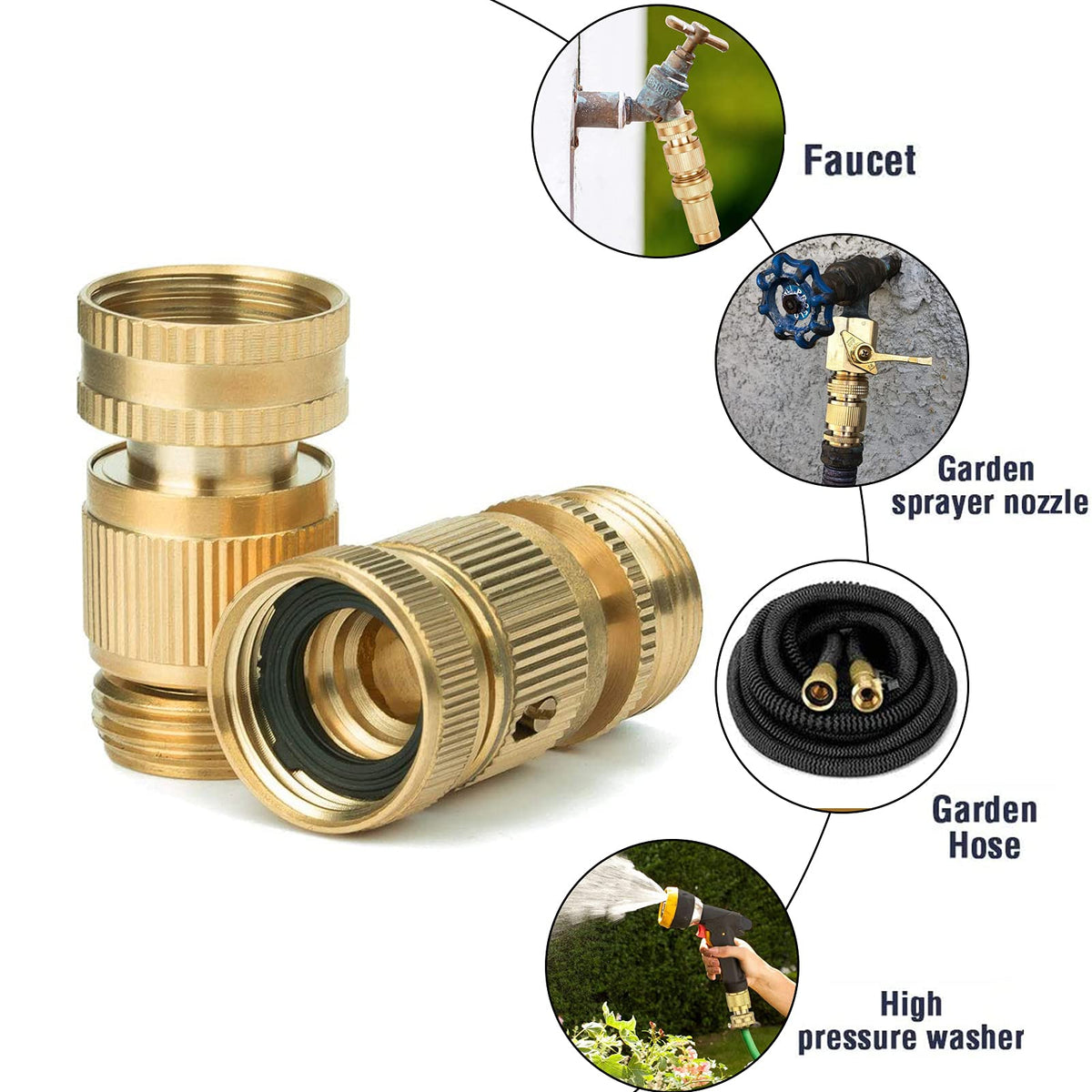 Garden Hose Quick Connectors, Solid Brass 3/4 inch GHT Thread Easy Connect Fittings No-Leak Water Hose Male Female Value Pack (5 Set) with 10pcs Extra Rubber đ All In One Marketplace Canada