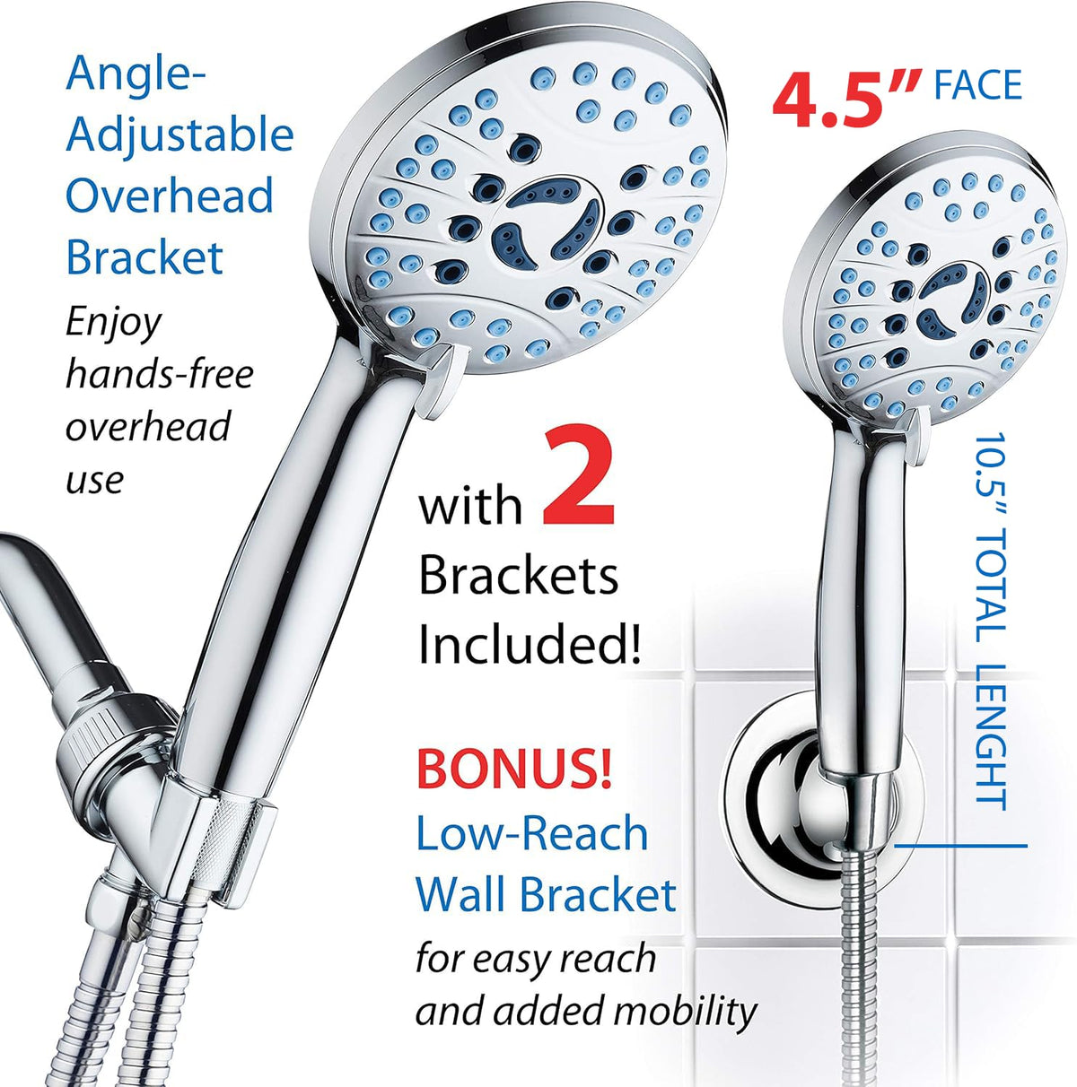 AquaCare High Pressure 8-Mode Handheld Shower Head - Anti-Clog Nozzles, Built-in Power Wash to Clean Tub, Tile & Pets, Extra Long 6 ft. Stainless Steel Hose, Wall & Overhead Brackets đ All In One Marketplace Canada