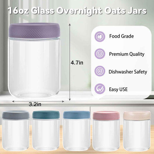 16 OZ Overnight Oats Jar,6 Pack Glass Jar with Lid and Spoon,Reusable Wide Mouth Mason jars for Overnight Oats,Yogurt Snacks Fruit, Salad Dressing, Sauce,Cereal-Leak Proof(500 ml) ๐ All In One Marketplace Canada