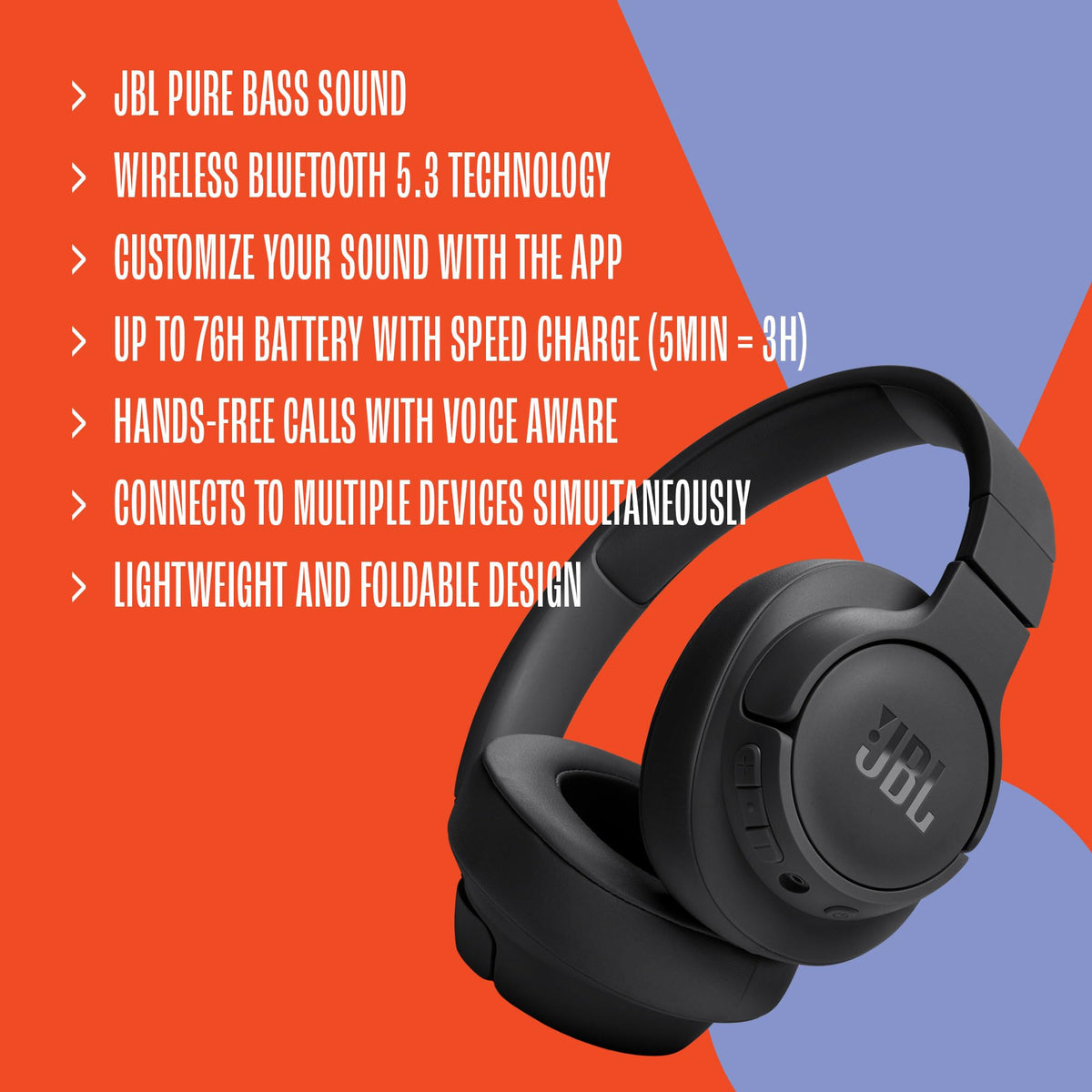 JBL Tune 720BT - Wireless Over-Ear Headphones with JBL Pure Bass Sound, Bluetooth 5.3, Up to 76H Battery Life and Speed Charge, Lightweight, Comfortable and Foldable Design (White) đ All In One Marketplace Canada