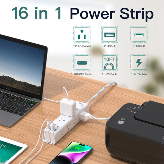 Surge Protector Power Bar - 10 FT Extension Cord, Power Strip with 12 Widely AC Outlet 4 USB, Flat Plug, Wall Mount Overload Protection, 1050J, Desk Charging Station for Dorm Home Office ๐ All In One Marketplace Canada