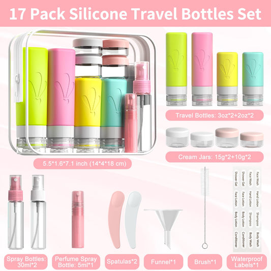 INSFIT 17 Pack Travel Bottles for Toiletries, TSA Approved 90ml 60ml Travel Size Toiletries, BPA Free Leak Proof Squeezable Silicone Tubes Travel Essentials for Shampoo Conditioner Lotion Soap 🍁 All In One Marketplace Canada