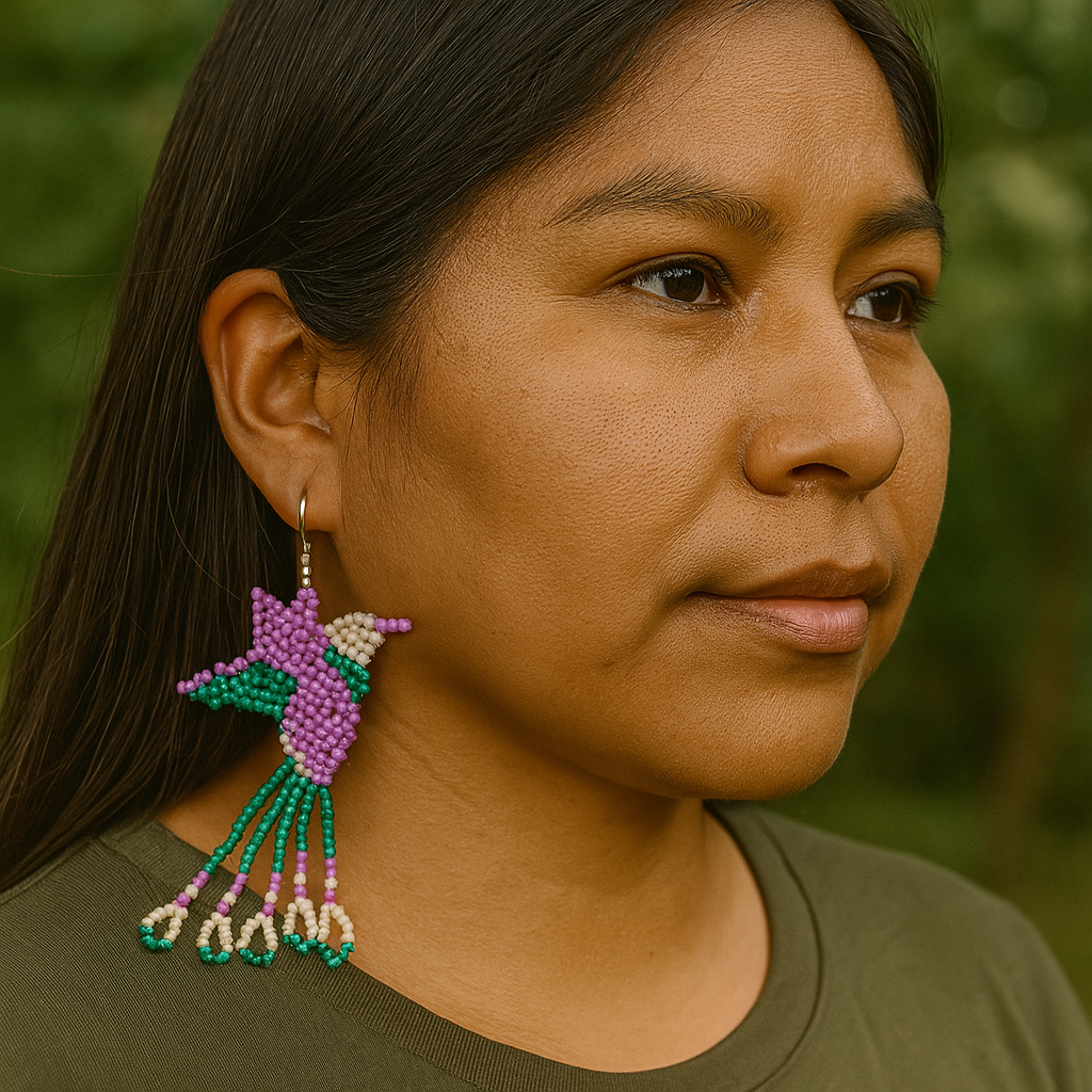 Handmade Beaded Hummingbird Earrings โ Purple & Turquoise