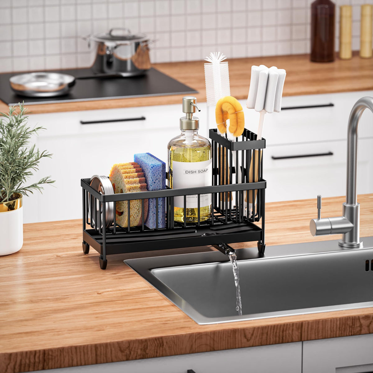 Cisily Sponge Holder for Kitchen Sink, Sink Caddy with High Brush Holder, Organzier Rustproof 304 Stainless Steel Dish Organizer Divider, Soap Dispenser Storage (Black) đ All In One Marketplace Canada