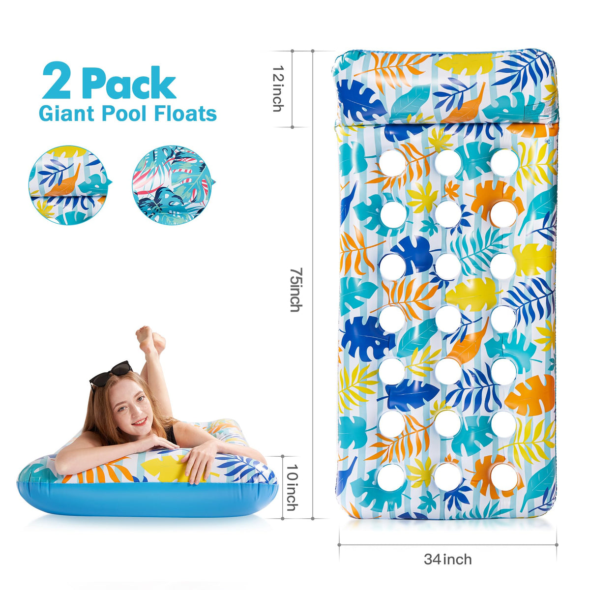 Stonful 2 Pack Inflatable Pool Float Mat, Giant Pool Floats Adult Size with Headrest, Lake Float Raft Water Lounger, Multi-Purpose Swimming Pool Floats Toys for Pool Party, Summer Beach, Outdoor đ All In One Marketplace Canada