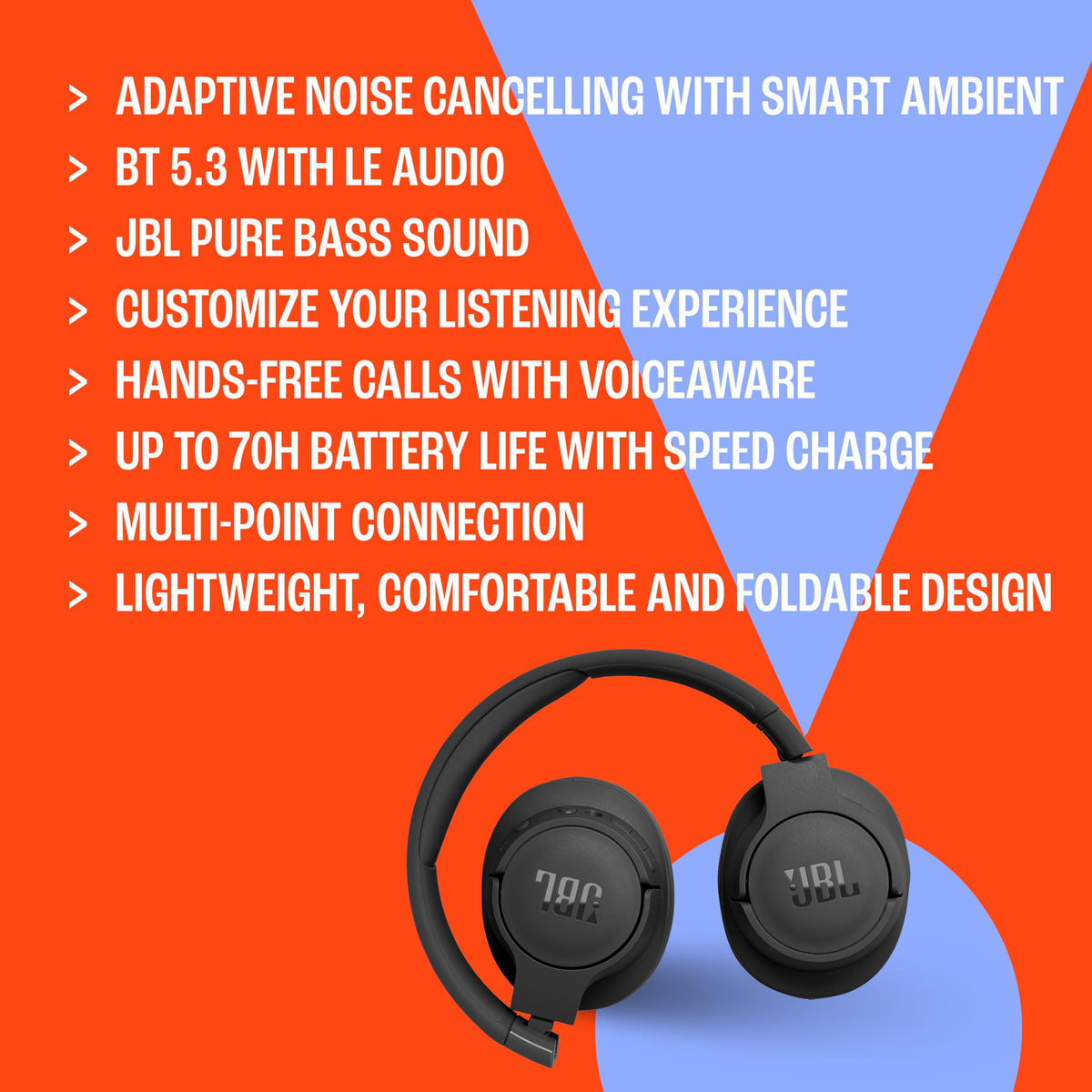 JBL Tune 770NC - Adaptive Noise Cancelling with Smart Ambient Wireless Over-Ear Headphones, Bluetooth 5.3, Up to 70H Battery Life with Speed Charge, Lightweight, Comfortable & Foldable Design (Black) ๐ All In One Marketplace Canada