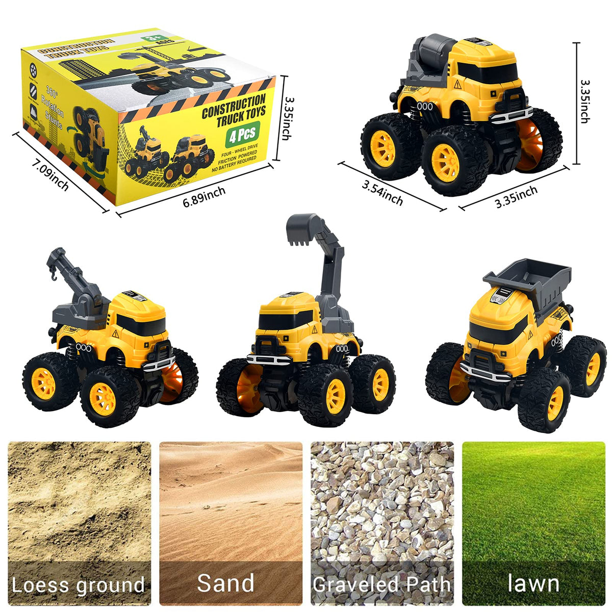 Construction Monster Truck Toys - 4pcs Excavator, Mixer, Crane, Dump Trucks Toy | Push and Go Friction Powered Cars Stunt Vehicles Playset | Kids Birthday Party Favors Gifts for 3+ Year Old Boys Girls ๐ All In One Marketplace Canada