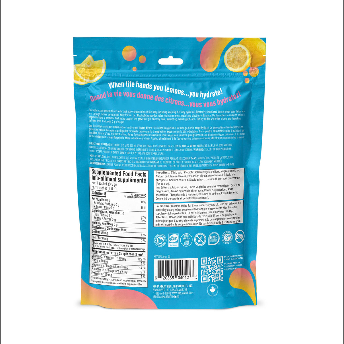 Organika Canadian-Made Electrolytes Powder with Vitamin C & Prebiotic Fibre - Sugar-Free Hydration Drink Mix - Pink Lemonade - 20 Single-Serve Sachets x 3.5g ๐ All In One Marketplace Canada