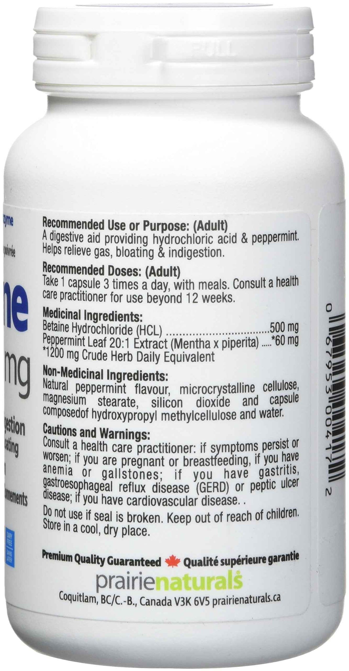 Prairie Naturals Betaine HCL 500mg VCaps - 120 Count 🍁 All In One Marketplace Canada