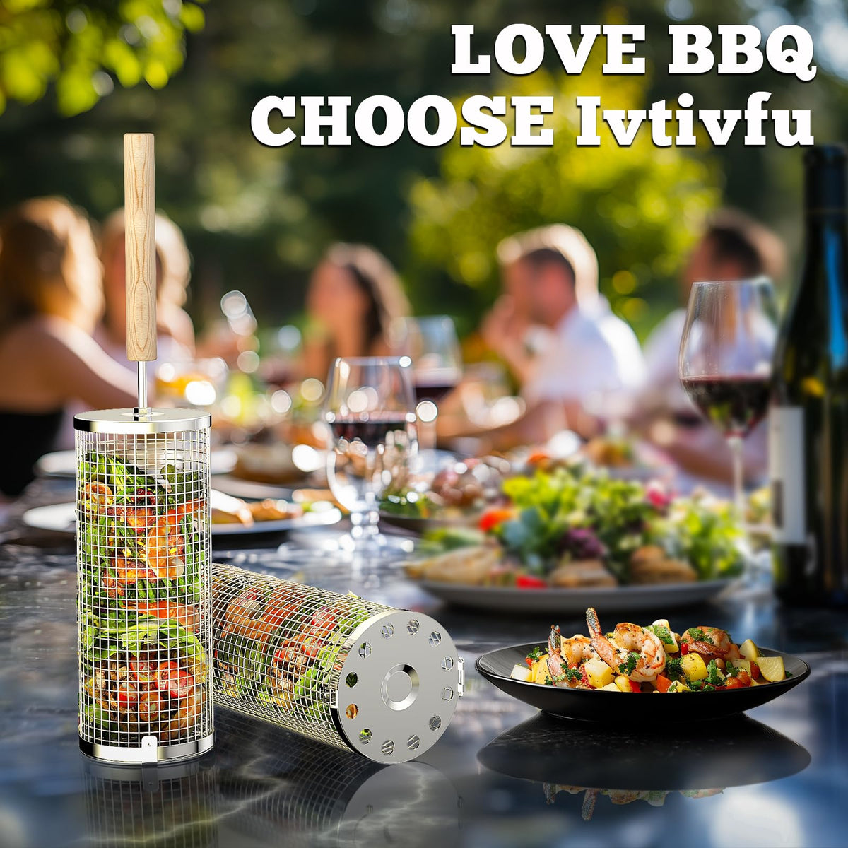ivtivfu Rolling Grill Basket, Removable Wooden Handle, 304 Stainless Steel, Nesting Grilling Tools, Smoker BBQ Accessories for Vegetable, Outdoor Cooking Camping, Birthday Gifts for Men Dad Husband đ All In One Marketplace Canada