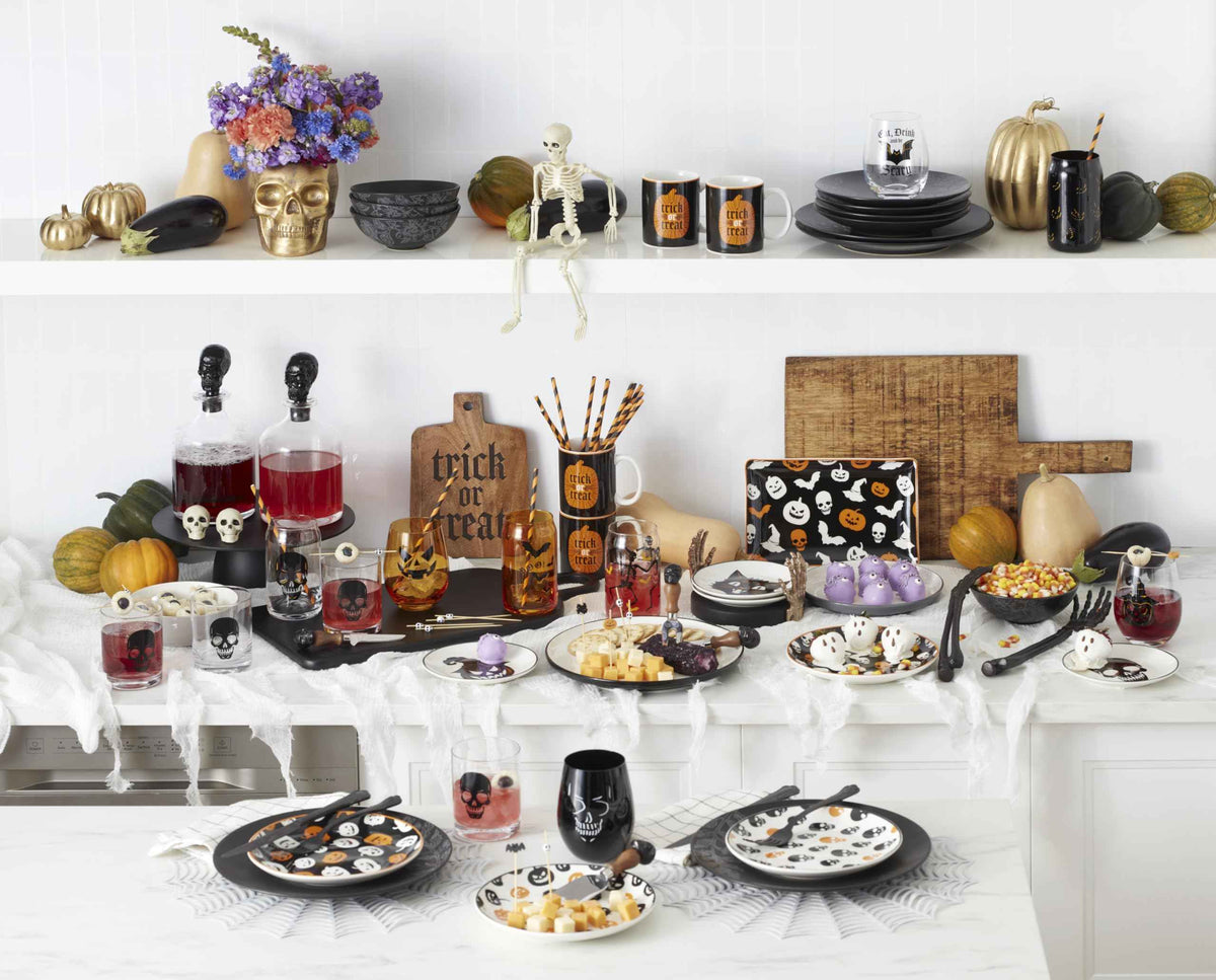 Cambridge Drinking Glasses, Halloween Harvest Can Cooler Glasses, Set of 12, Dishwasher Safe, Glass Cups, Spooky Iced Coffee Cups, Halloween Decor Spooky Scary Skeletons (Assorted, 12 Piece, 16 FL Oz)