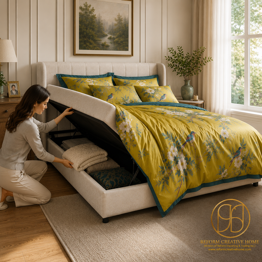 Moni Upholstered Lift Storage Queen Bed - Beige