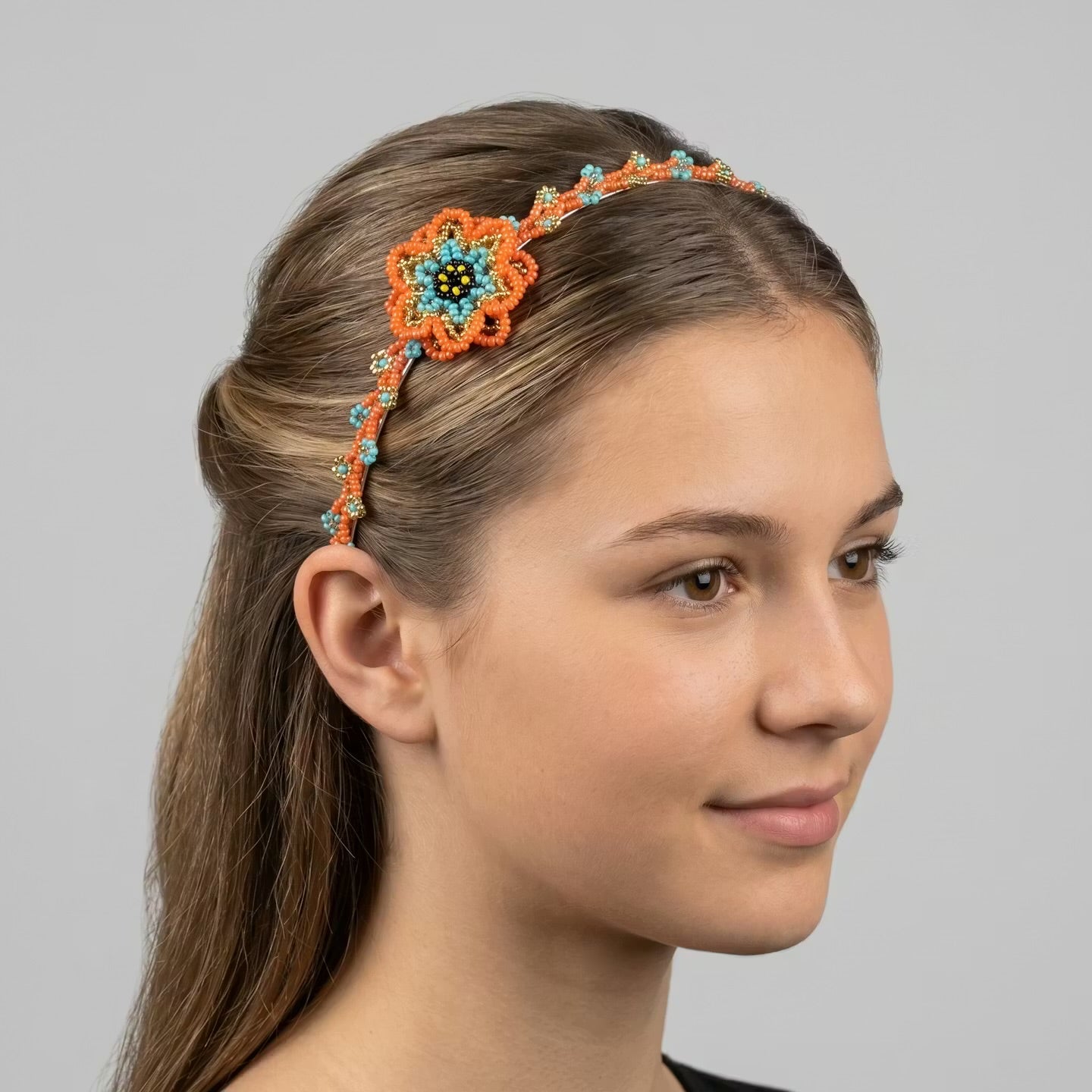 Beaded Headband with Flower Orange