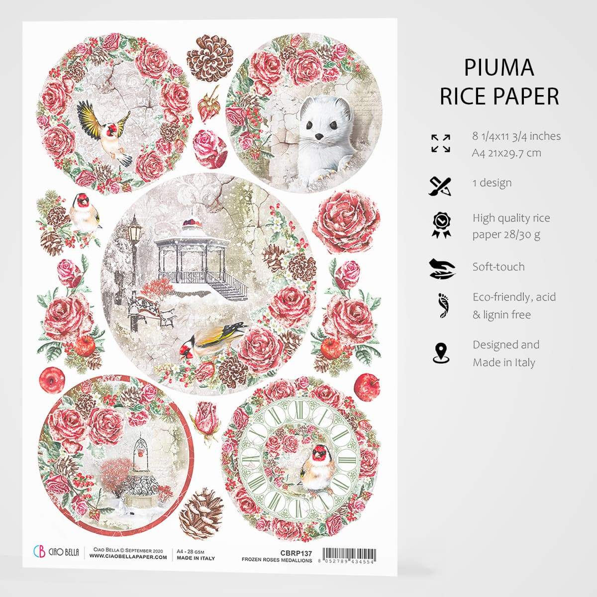 Ciao Bella Rice Paper A4 Frozen Roses Medallions