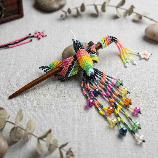 Navy Blue Hummingbird Beaded Hair Stick