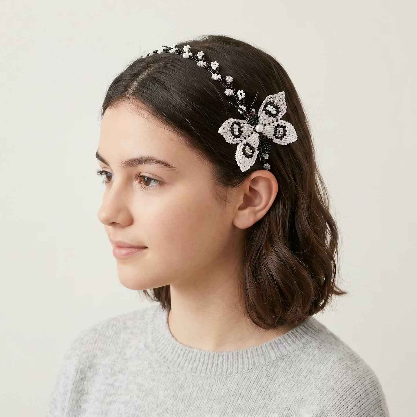 Beaded Headband with Butterfly Black