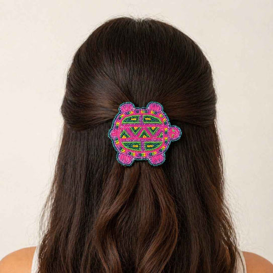 Beaded turtle Barrette pink accent