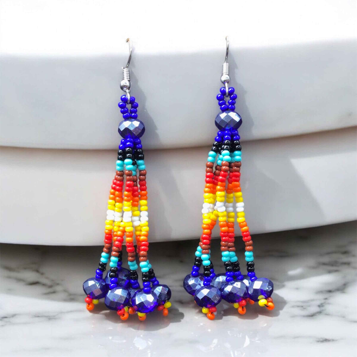 Blue Six-Strand Beaded Cascade Earrings