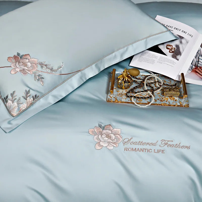 Eternal Bloom Embroidered 1000 TC Egyptian Cotton Duvet Set - Jade Green/Blush/Steel Blue