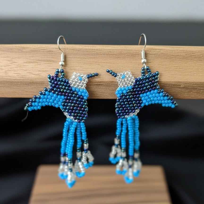 Handmade Beaded Hummingbird Earrings โ Blue