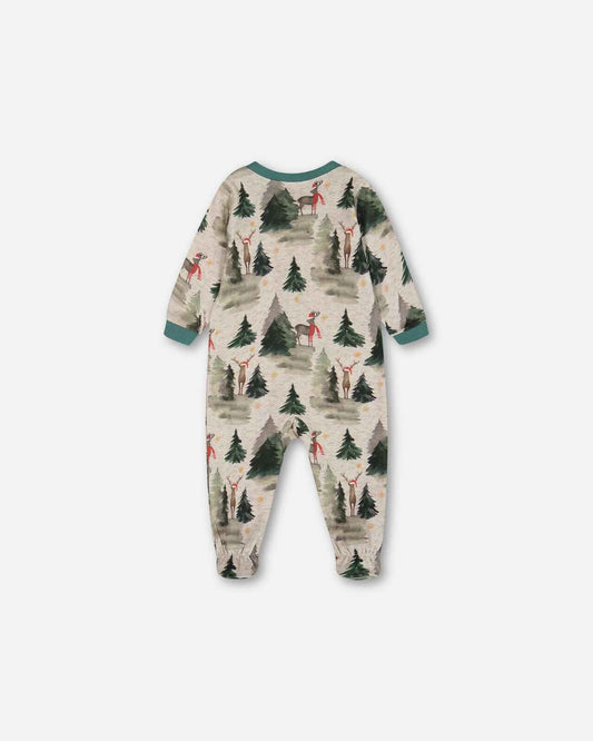 Organic Cotton One Piece Pajama Gray Mix Printed Reindeer