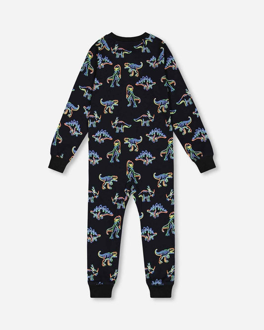 Organic Cotton One Piece Pajama Black Printed Neon Dino