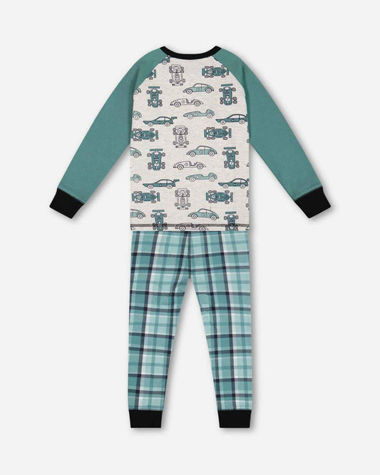 Organic Cotton Two Piece Pajama Set Green Printed Cars