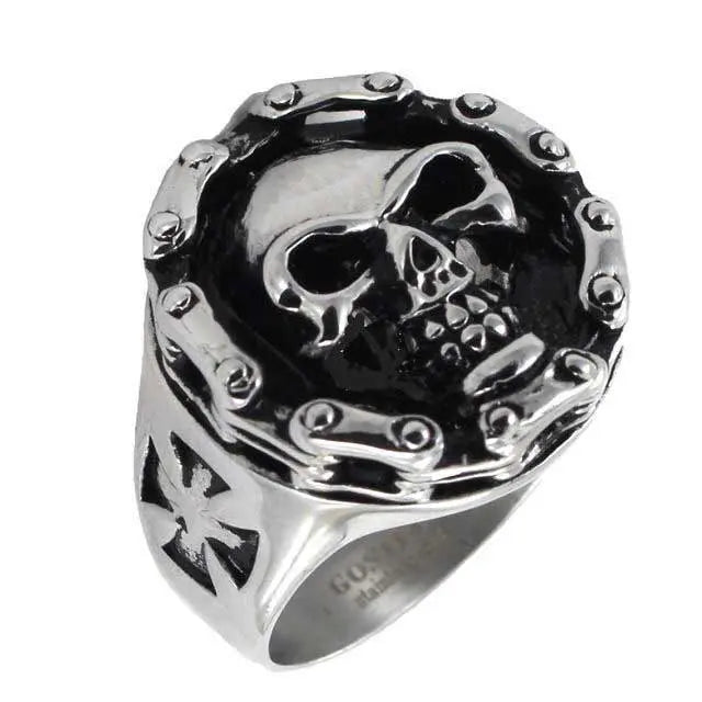 GoSteel Men's Cycle Chain Gothic Skull Ring | Stainless Steel