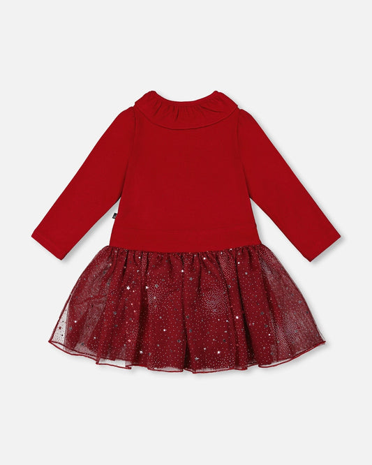 Bi-Material Dress With Glittering Skirt Red