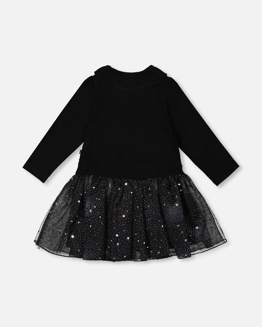 Bi-Material Dress With Glittering Skirt Black