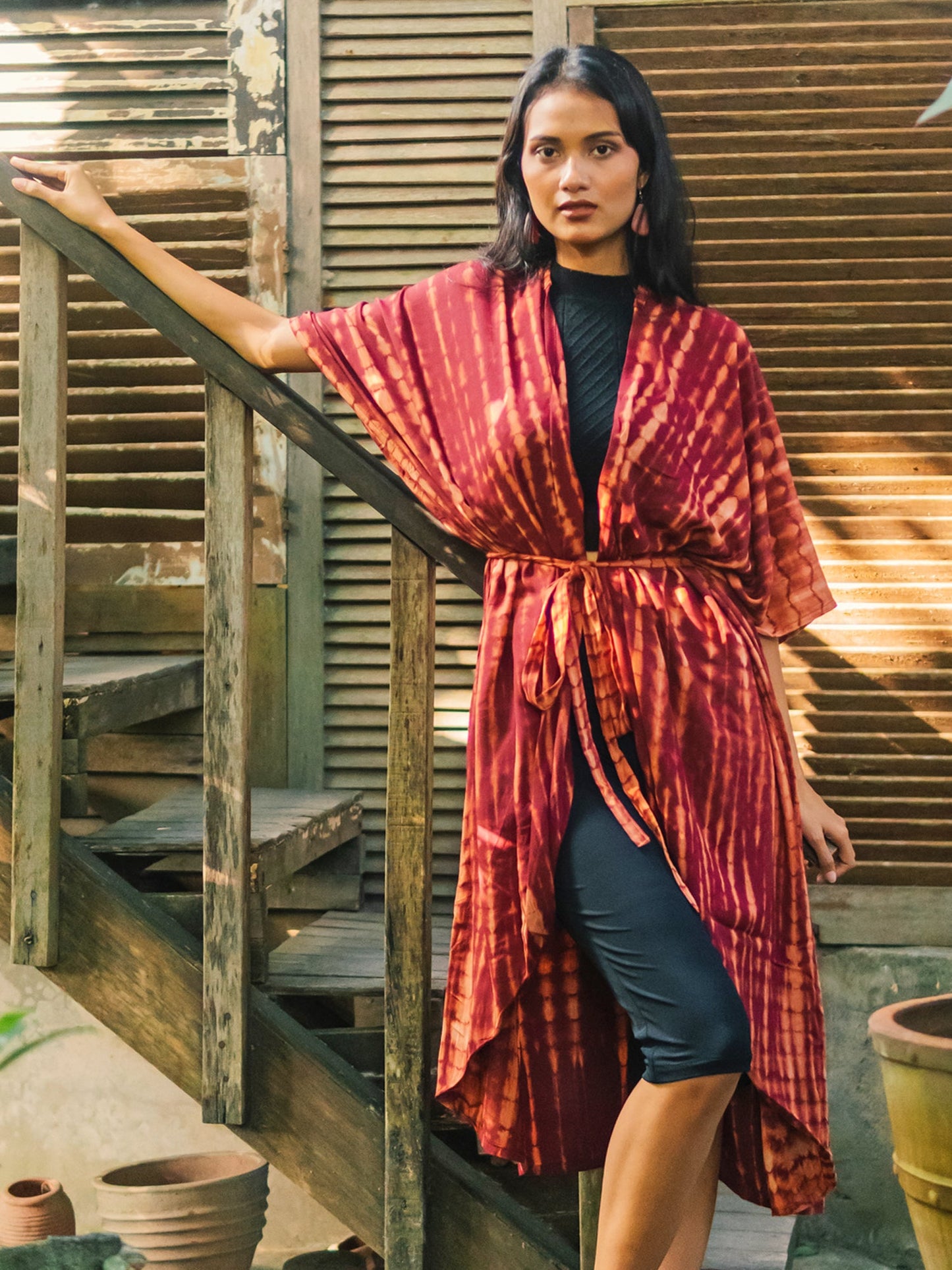 Tie Dye Long Kimono - Maroon & Gold