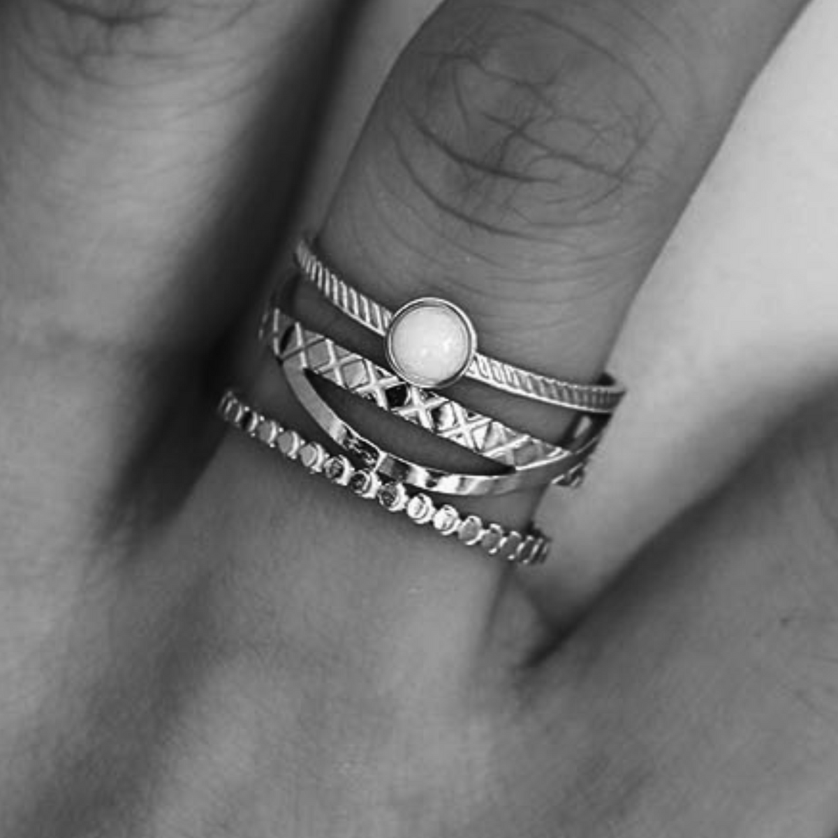 NADIA Silver (White Gold): Multi Stacked Ring with a Stone Centre Piece