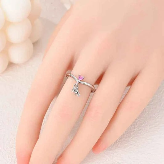 925 Sterling Silver Pink Cat Heart Charm Ring