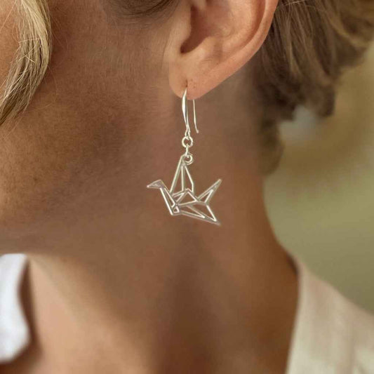 Origami Bird Earrings In Silver Plate