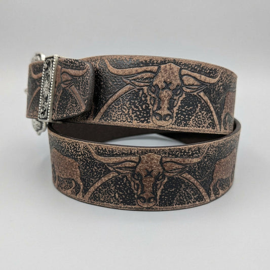 Keldon Men's Western Belt Embossed Leather with Bull Design and Removable Silver Buckle