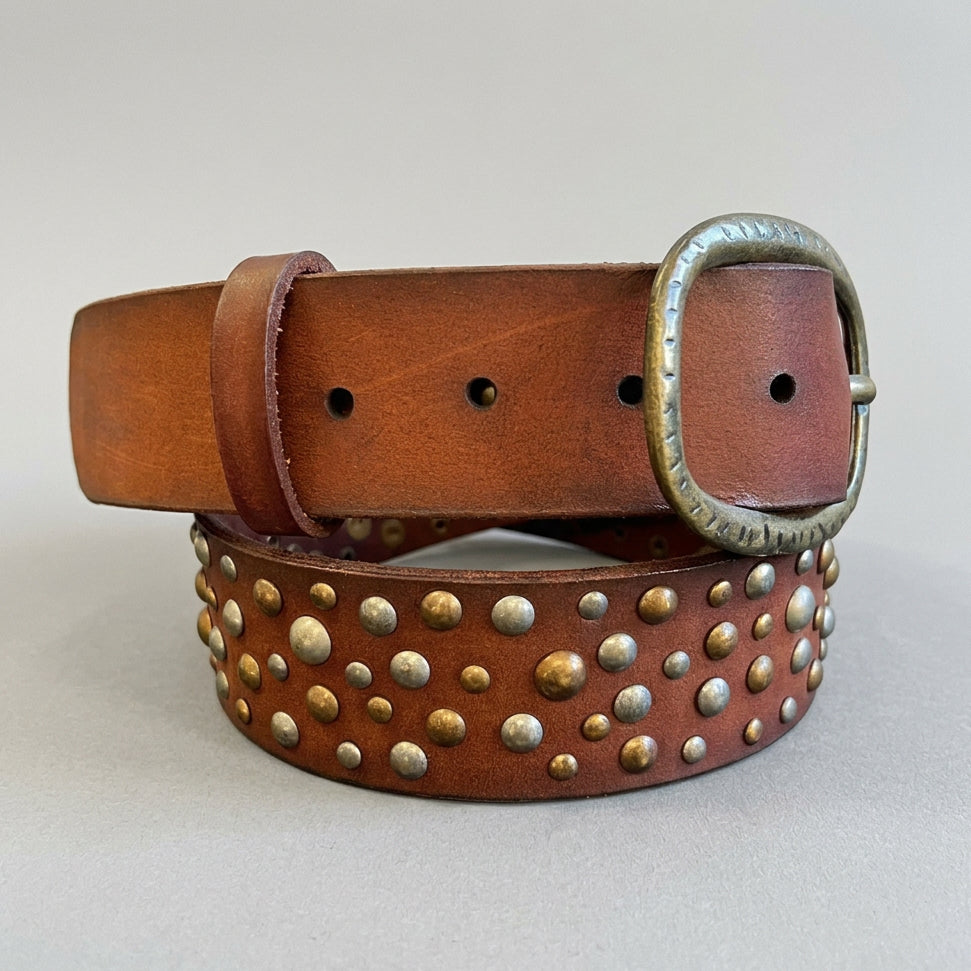 Women's Full Grain Leather Belt with Oval Buckle and Studs
