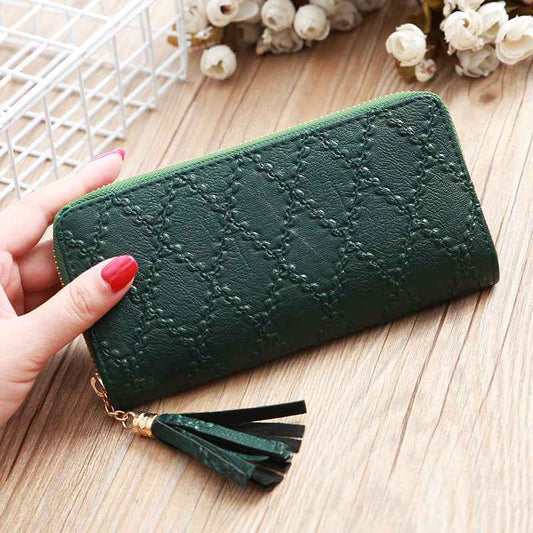 Women's Leather Clutch Wallet – Stylish Tassel Zip Purse with Card Holder Slots